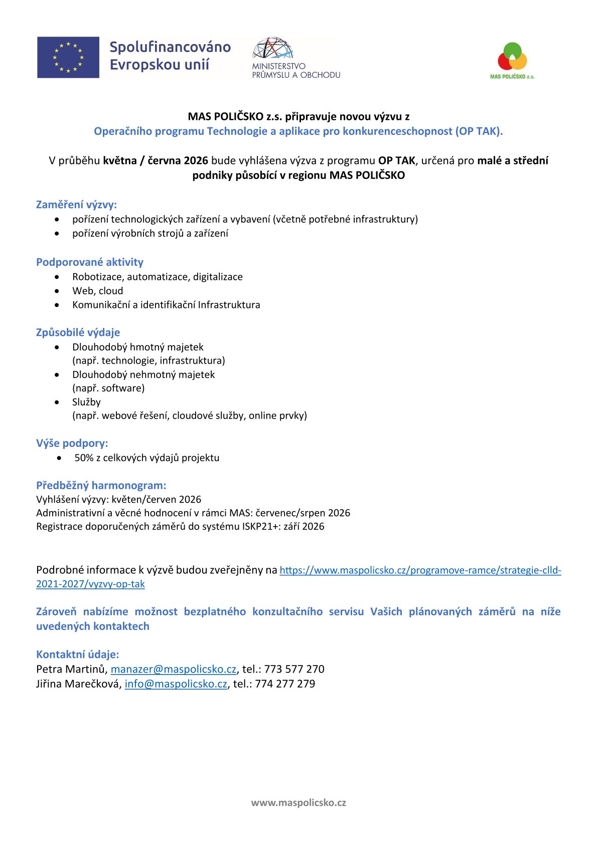 Predbezne informace o planovane vyzve OP TAK 5 2026